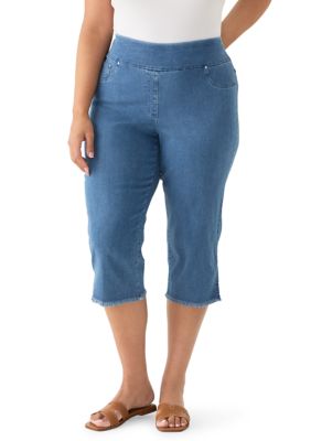 Ruby Rd Women's Plus Size Stretch Denim Fringe Hem Capri Pants
