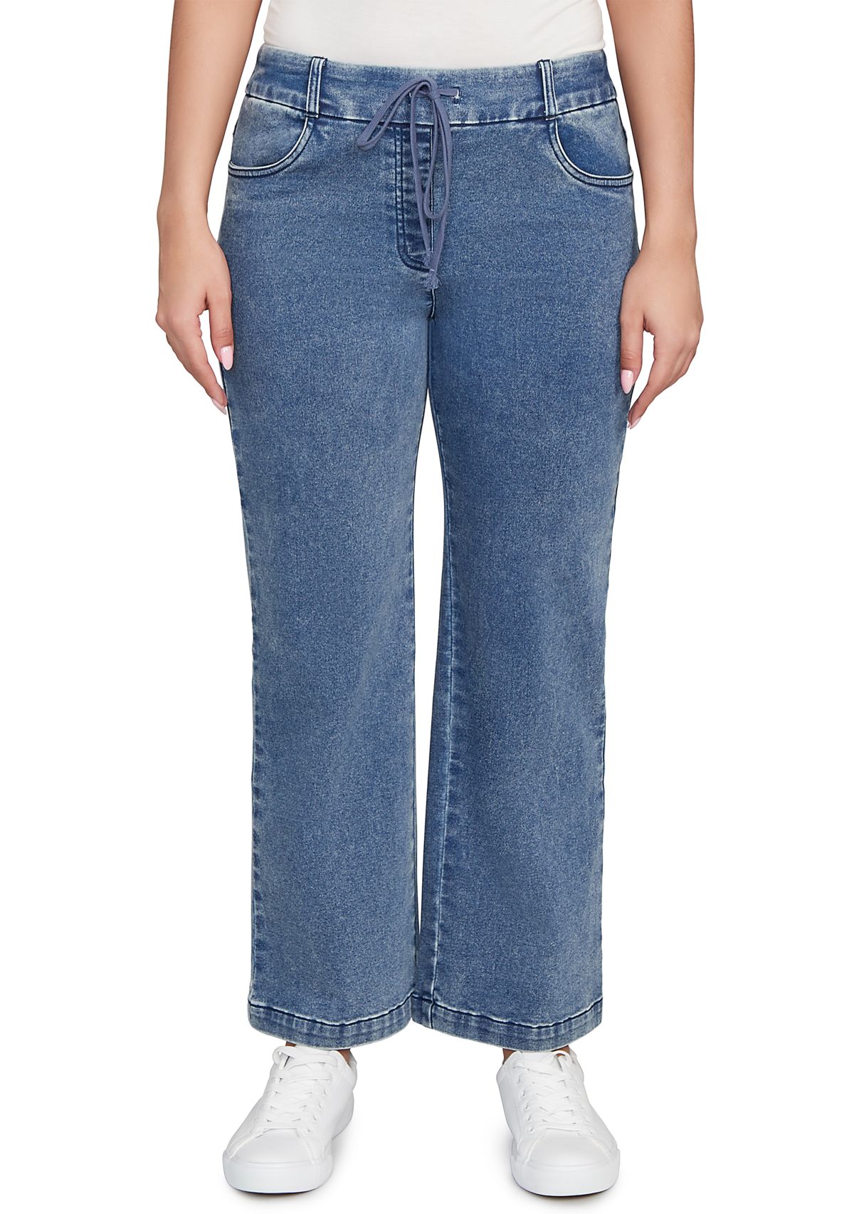 Petite Drawstring Terry Denim Wide Leg Jeans