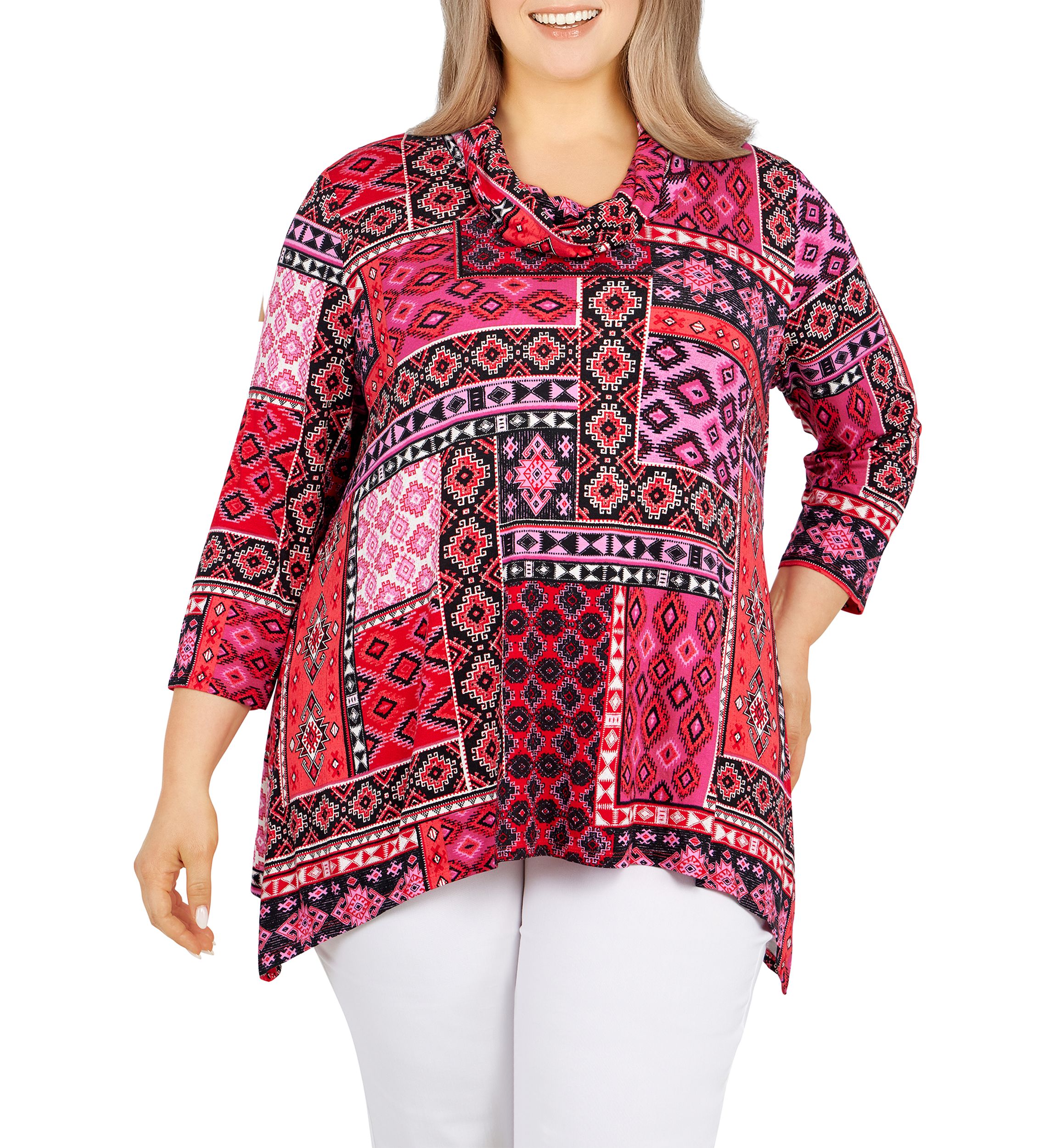 Plus Size Patchwork Cowl Neck Top 