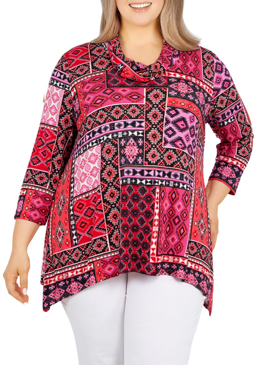 Plus Size Patchwork Cowl Neck Top 