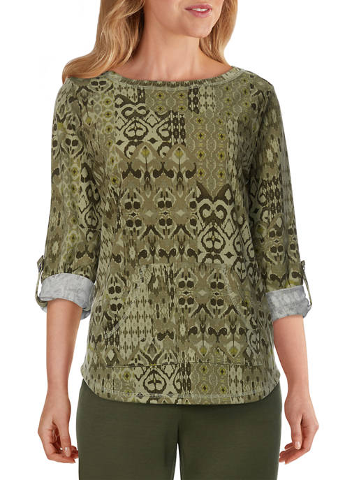 Womens Comfort Zone Cozy Abstract Patchwork Printed Pullover
