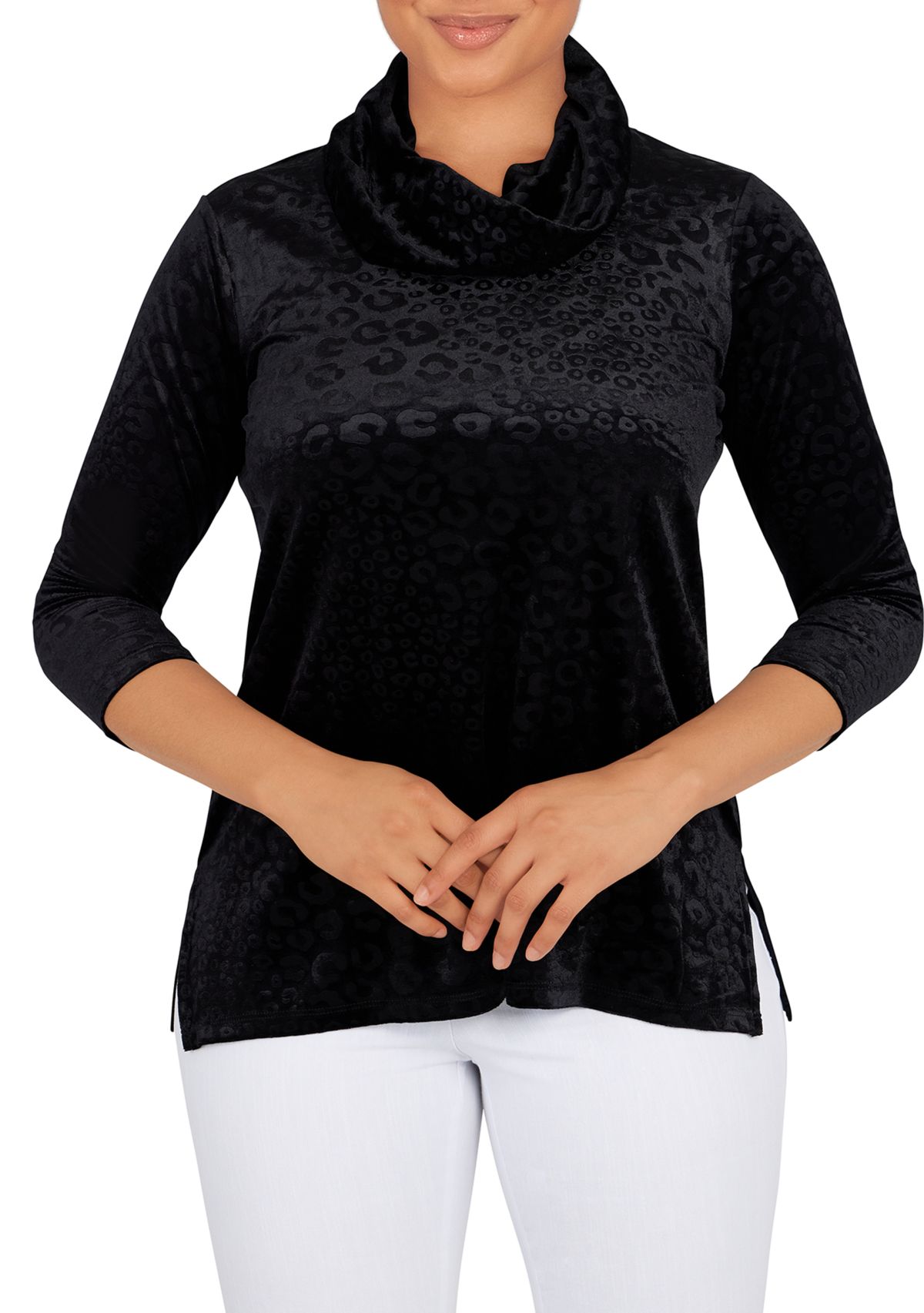 Womens Embossed Velour Cowl Neck Top