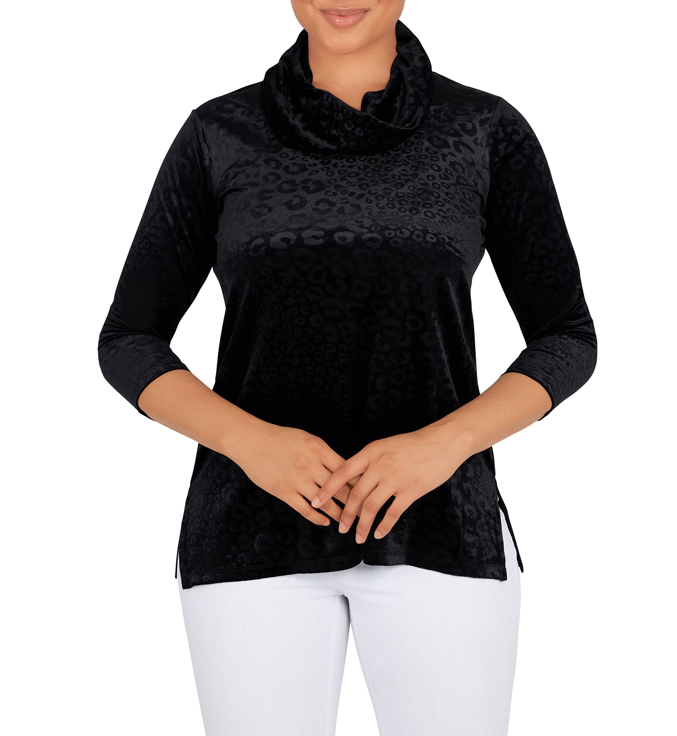 Womens Embossed Velour Cowl Neck Top