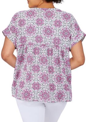 Petite Oh Happy Day V-Neck Tile Print Top