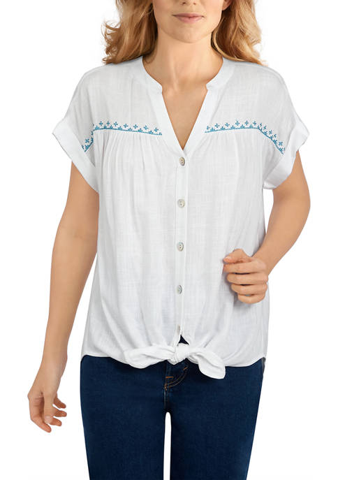 Womens Embroidered Linen Tie Front Top