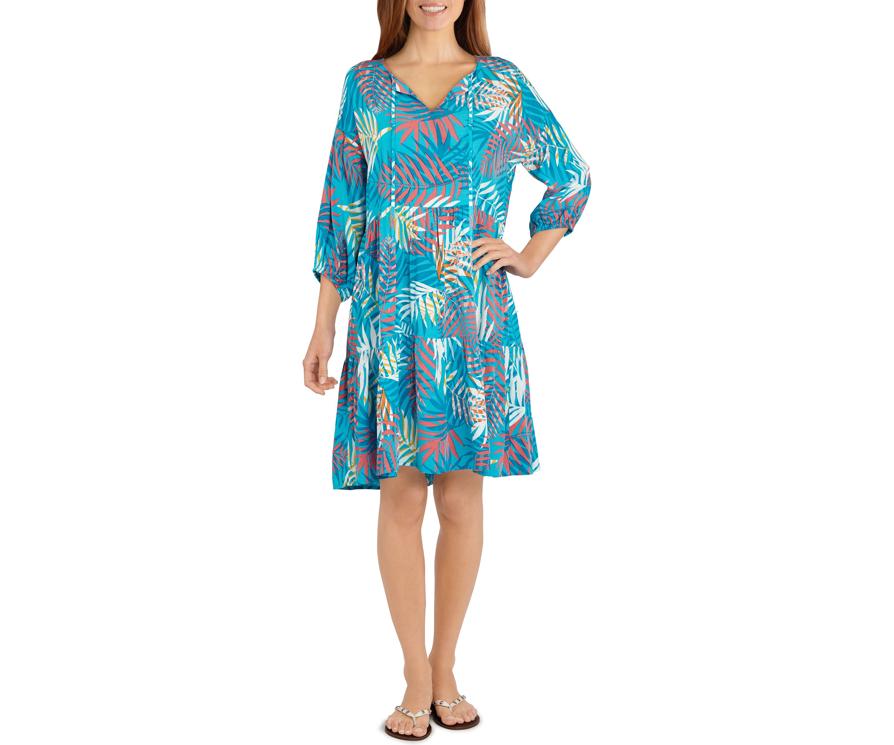 Womens Hot Tropics Tiered V-Neck Palm Print Dress