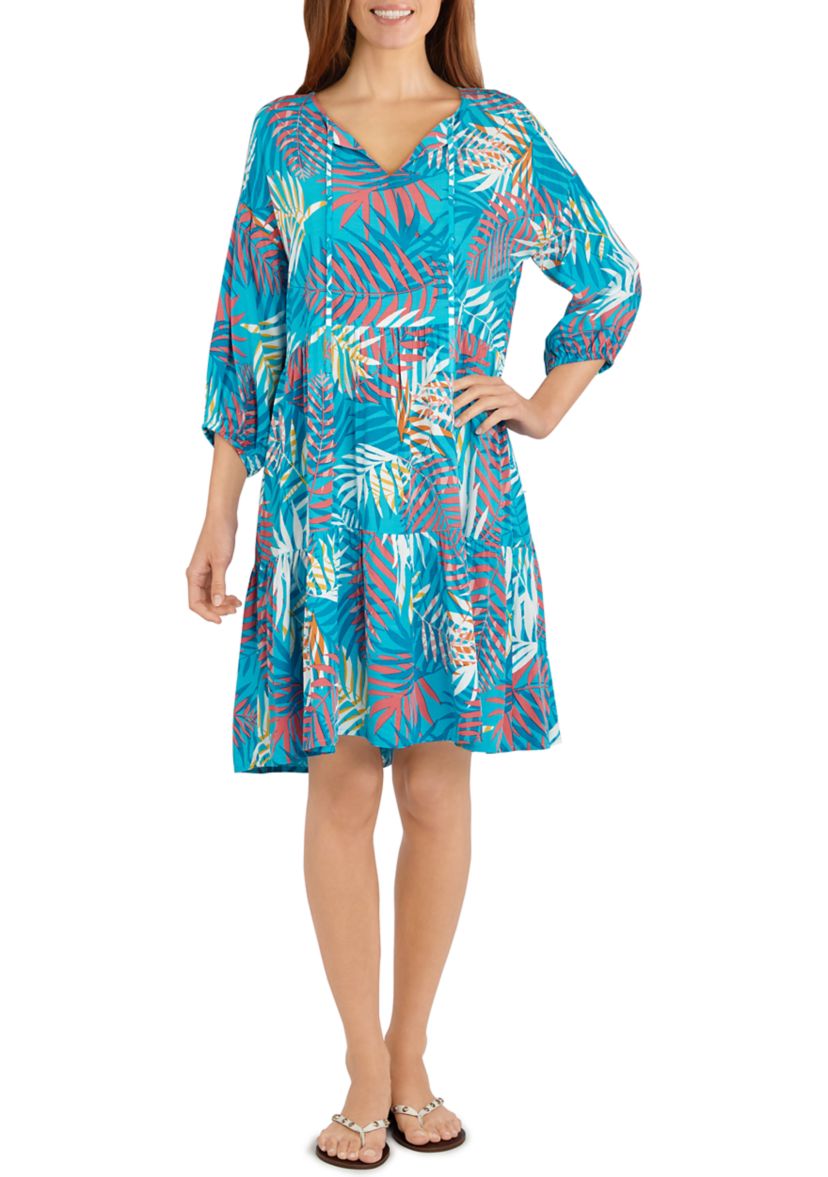 Womens Hot Tropics Tiered V-Neck Palm Print Dress