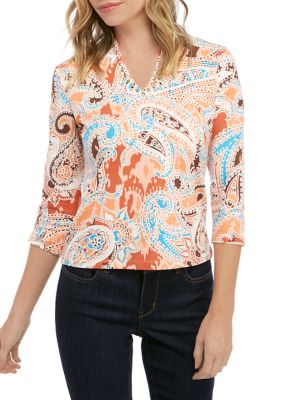 Ruby Rd Petite V Neck Paisley Knit Top | belk