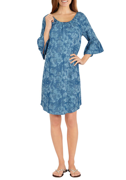Ruby Rd Womens Floral Flounce Sleeve Chambray Dress