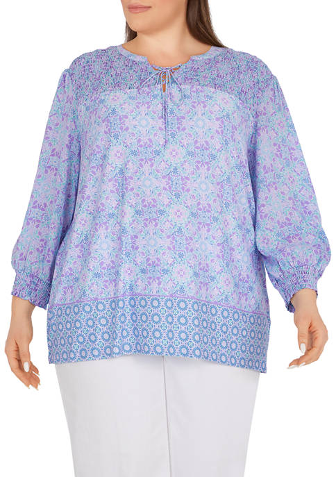 Ruby Rd Plus Size Smocked Border Print Top