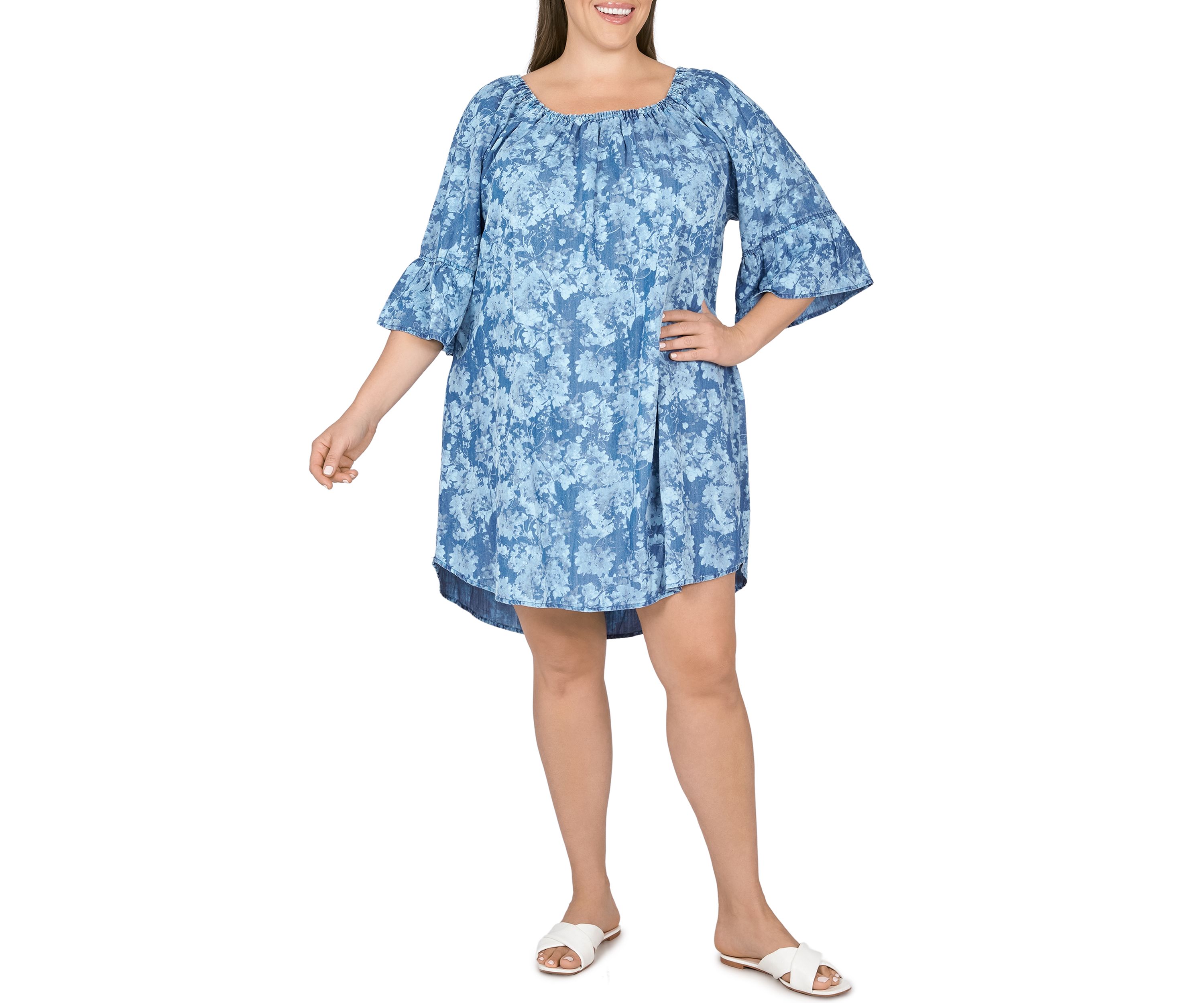 Plus Size Floral Flounce Sleeve Chambray Dress