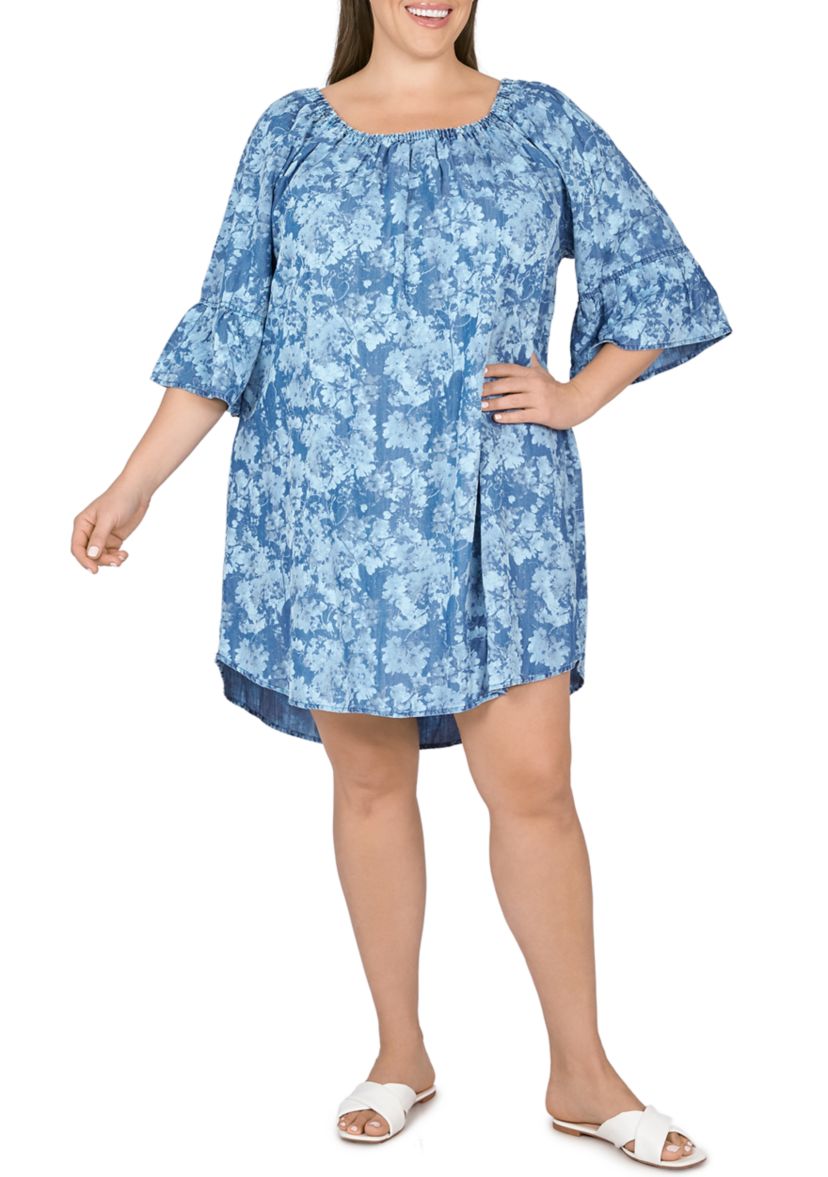 Plus Size Floral Flounce Sleeve Chambray Dress