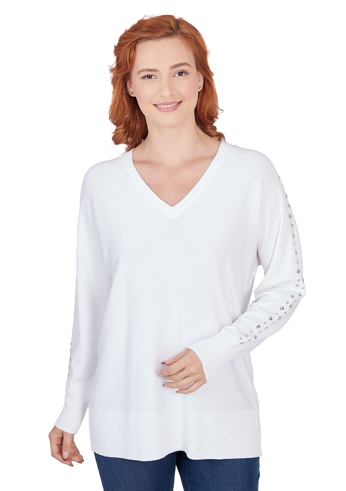 Womens V-Neck Dolman Sleeve Fine Gauge Embellished Sweater