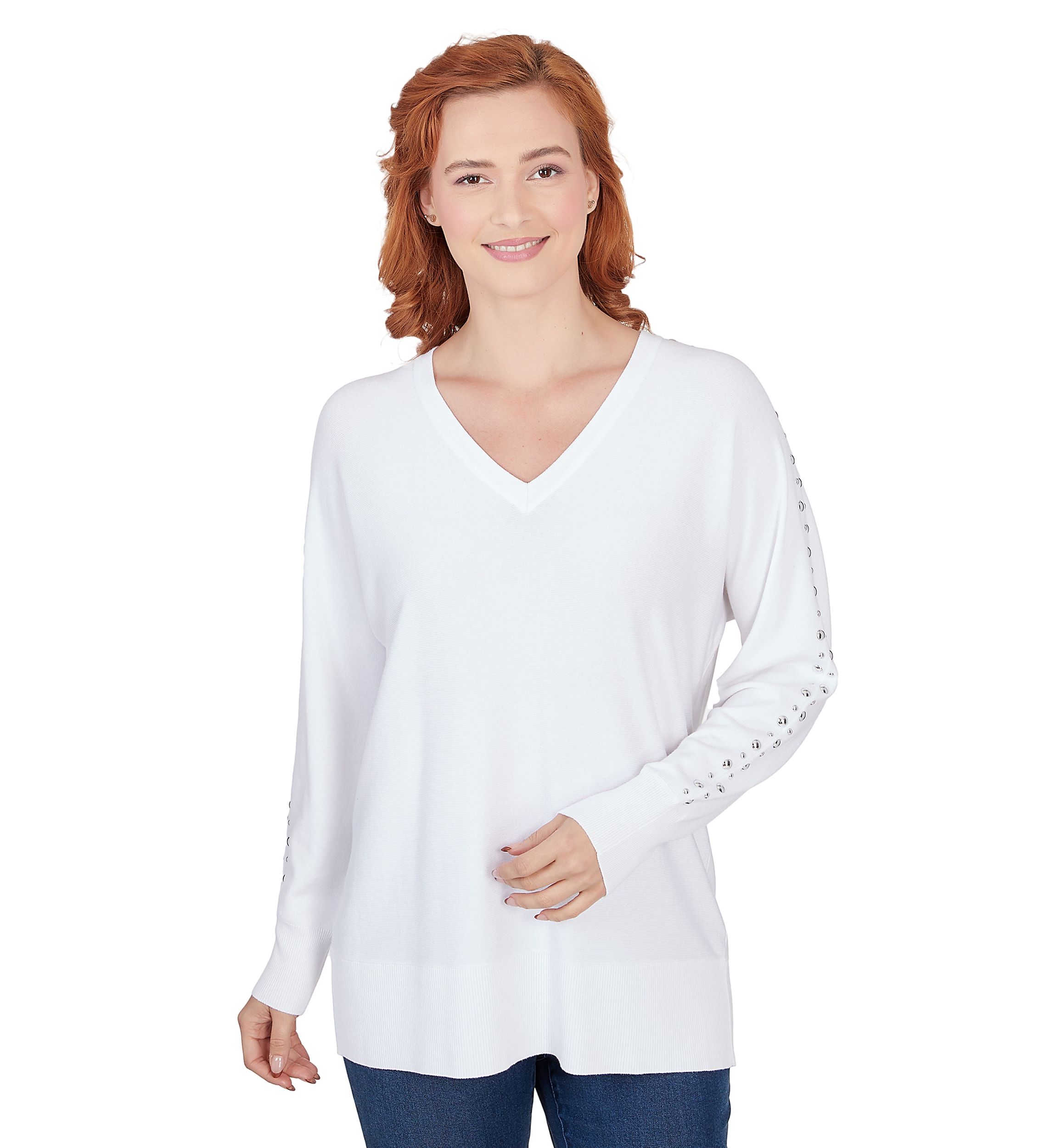 Womens V-Neck Dolman Sleeve Fine Gauge Embellished Sweater