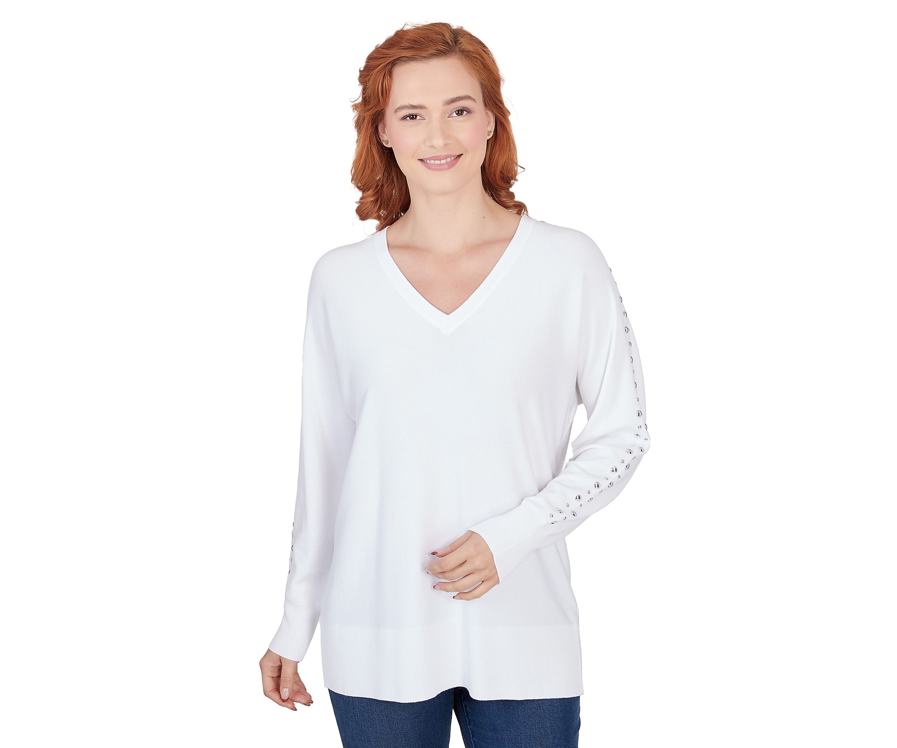 Womens V-Neck Dolman Sleeve Fine Gauge Embellished Sweater