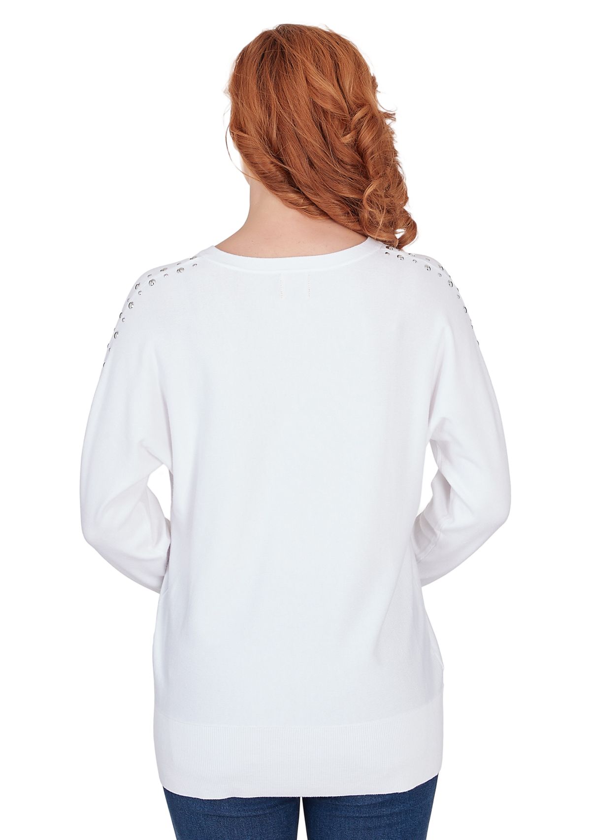 Womens V-Neck Dolman Sleeve Fine Gauge Embellished Sweater