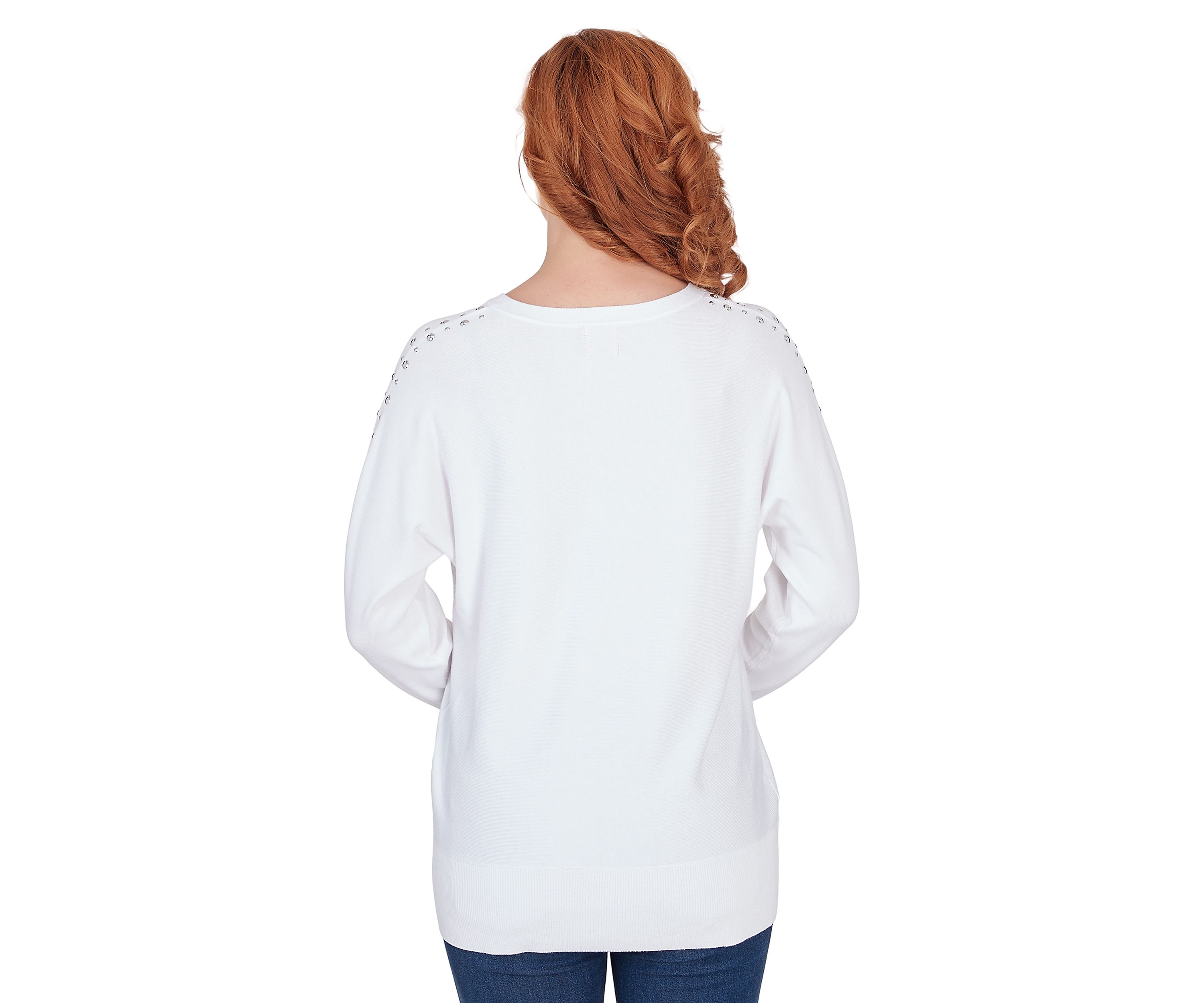 Womens V-Neck Dolman Sleeve Fine Gauge Embellished Sweater