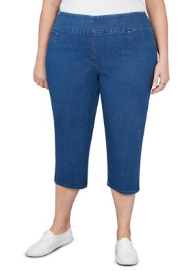 Plus Pull On Denim Capri Pants with Slit Hem