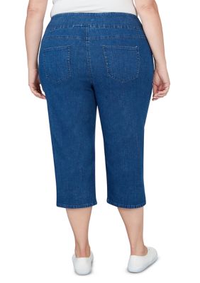 Plus Pull On Denim Capri Pants with Slit Hem