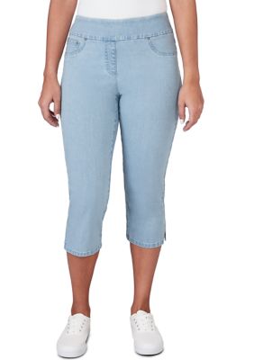 Petite Pull On Denim Capri Pants with Slit Hem