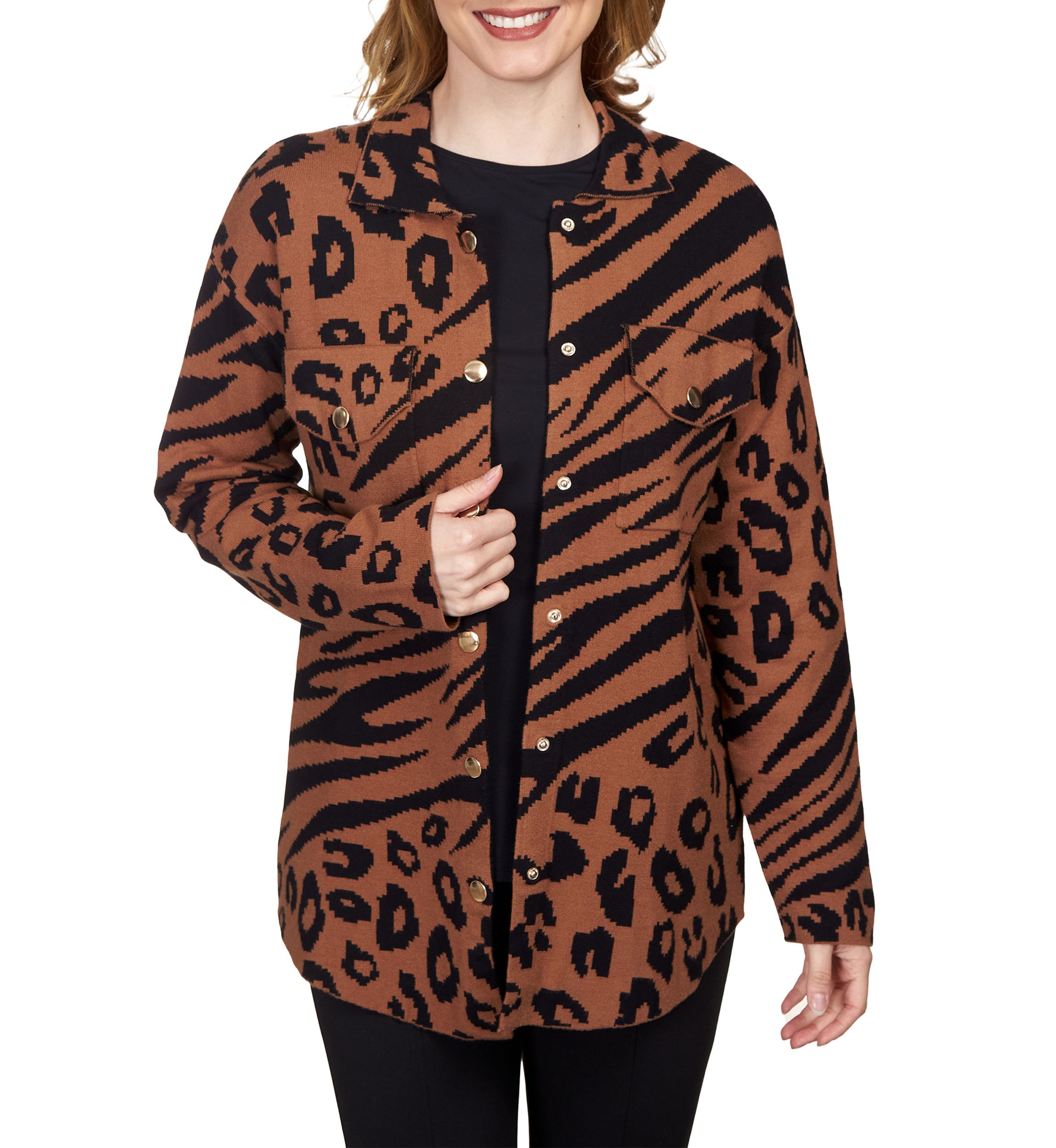 Petite Animal Print Shacket Sweater Jacket