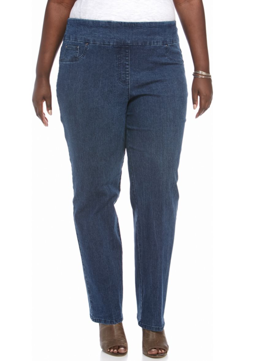 Plus Size Pullover Stretch Denim Pants - Average Length 