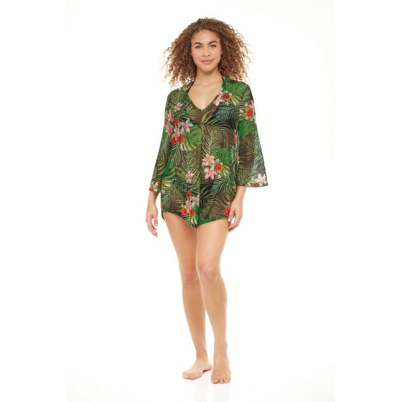 CHP14028  Printed V Neck Bell Sleeve Tunic