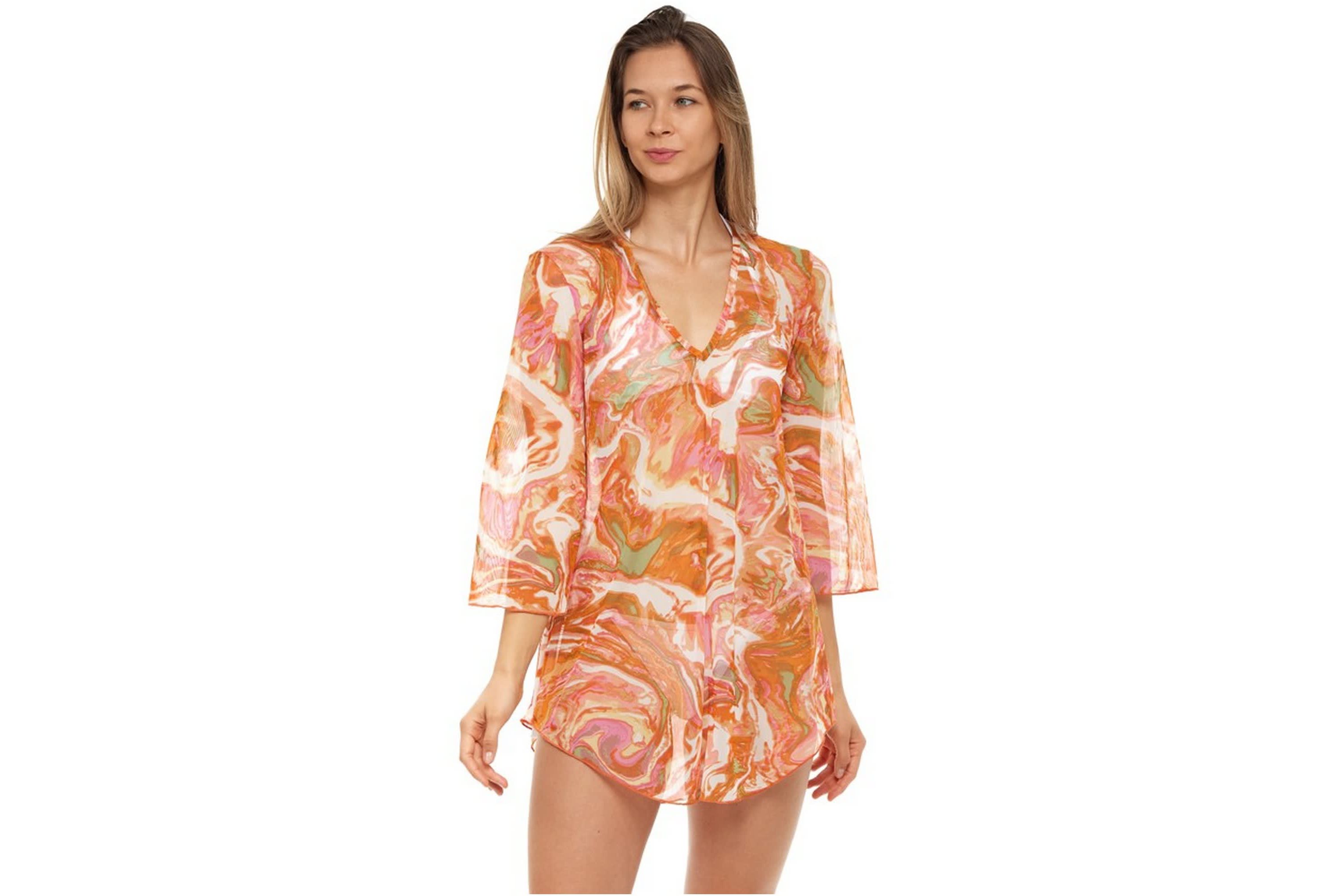 PMA14028 Printed Mesh- Bell Sleeve V Neck Tunic