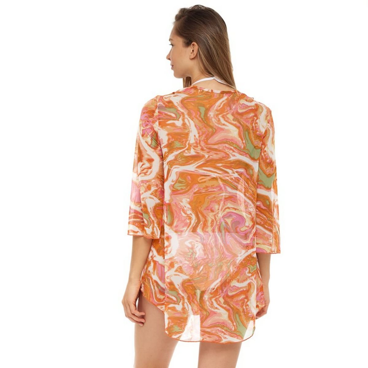 PMA14028 Printed Mesh- Bell Sleeve V Neck Tunic