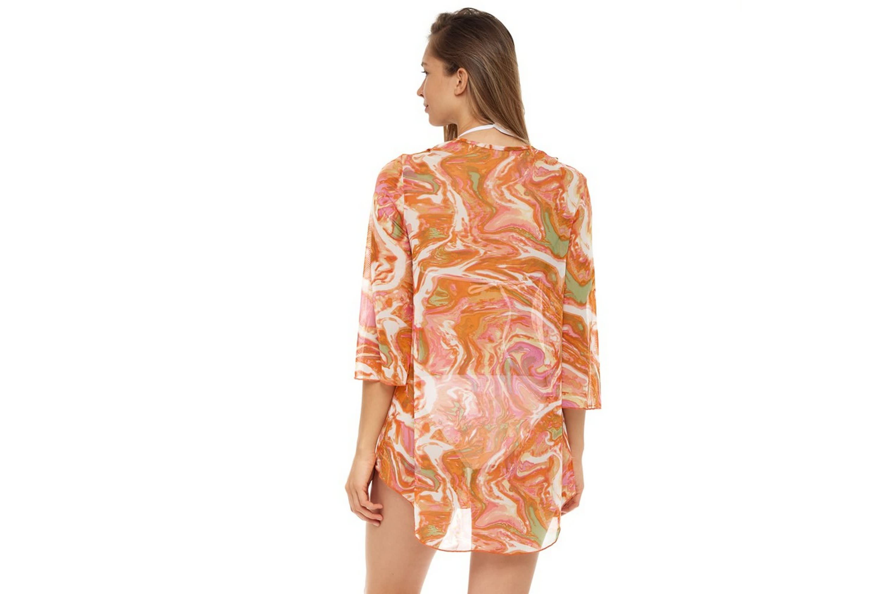 PMA14028 Printed Mesh- Bell Sleeve V Neck Tunic