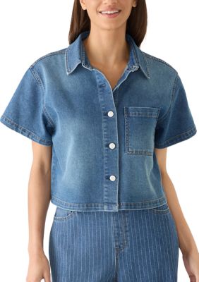 Vanilla Star Women's Short Sleeve Denim Camp Shirt, XL