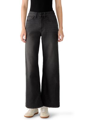 Vanilla Star Women's Studded Black Wash Wide Leg Jeans, 16