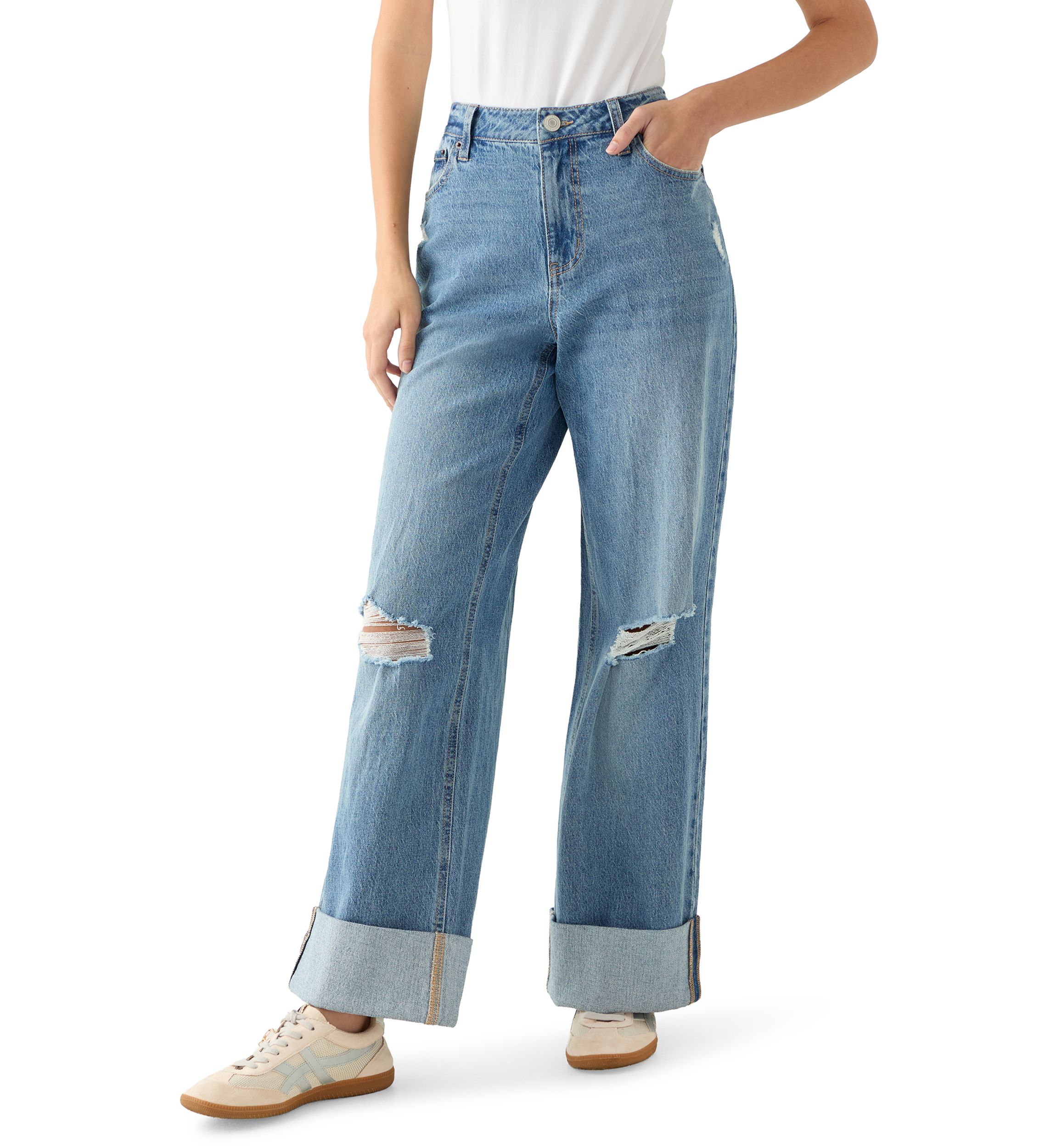 Womens Wide-Leg High Cuff Jeans