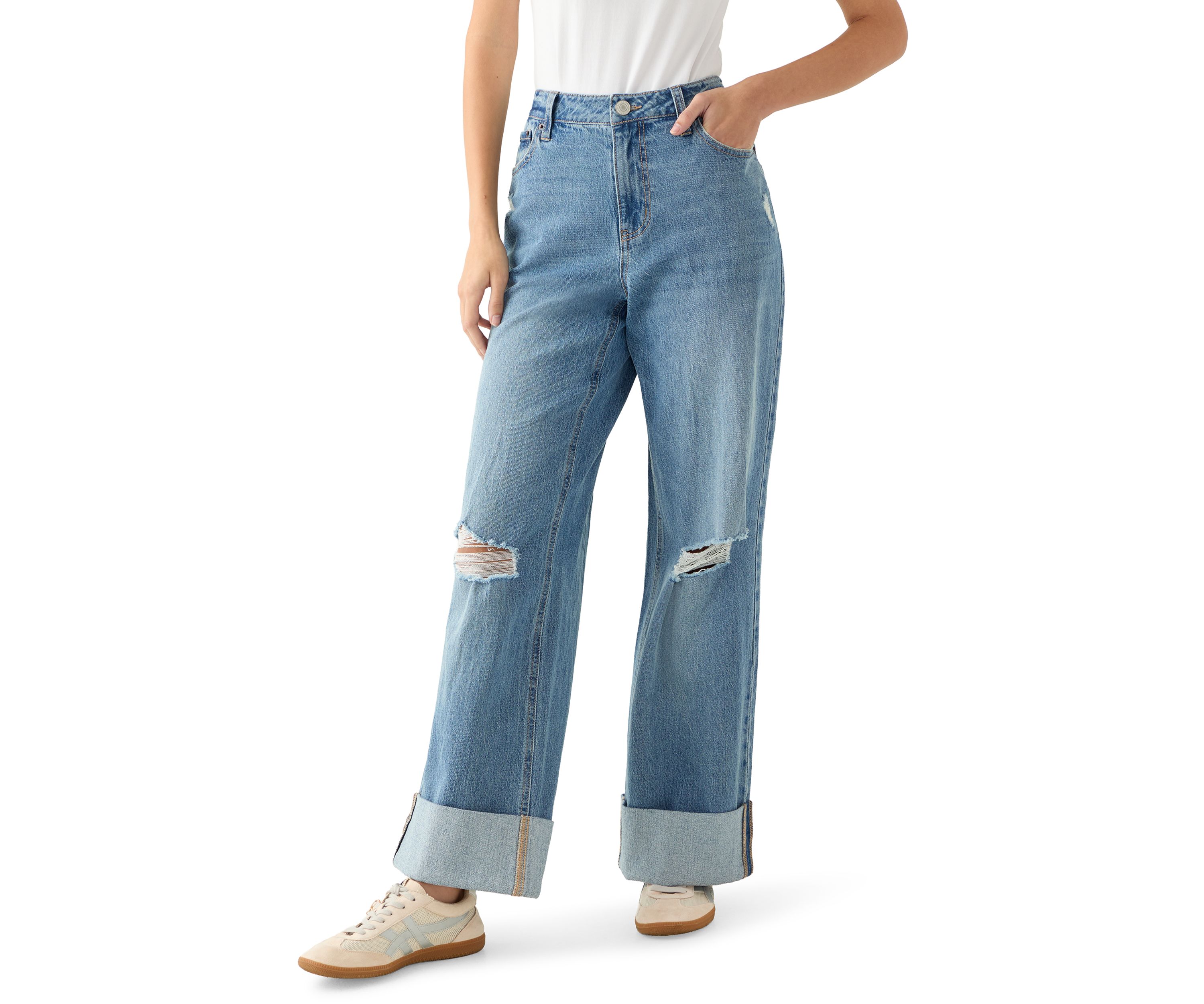 Womens Wide-Leg High Cuff Jeans