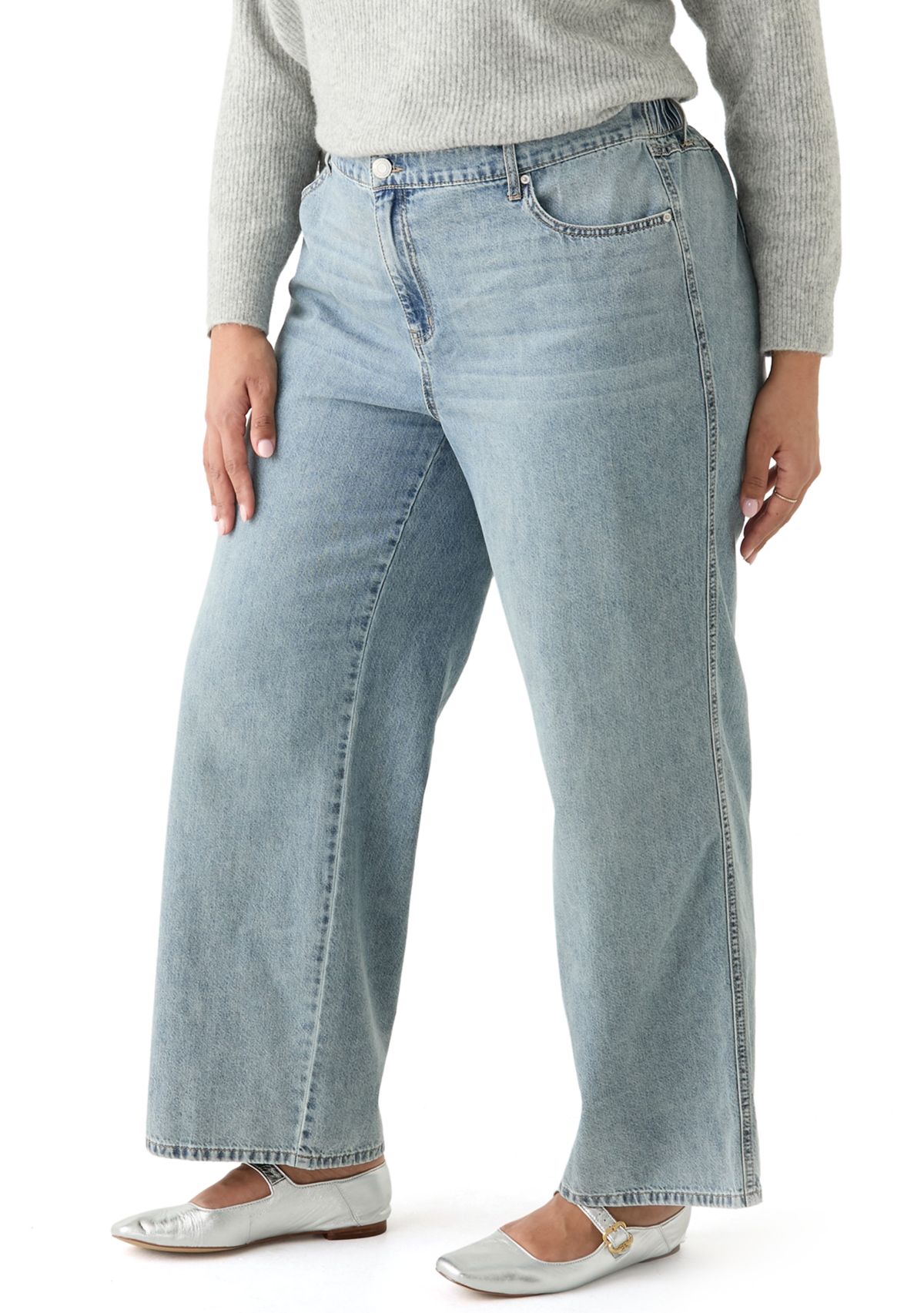 Plus Size Slouchy Elastic Back Wide Leg Jeans