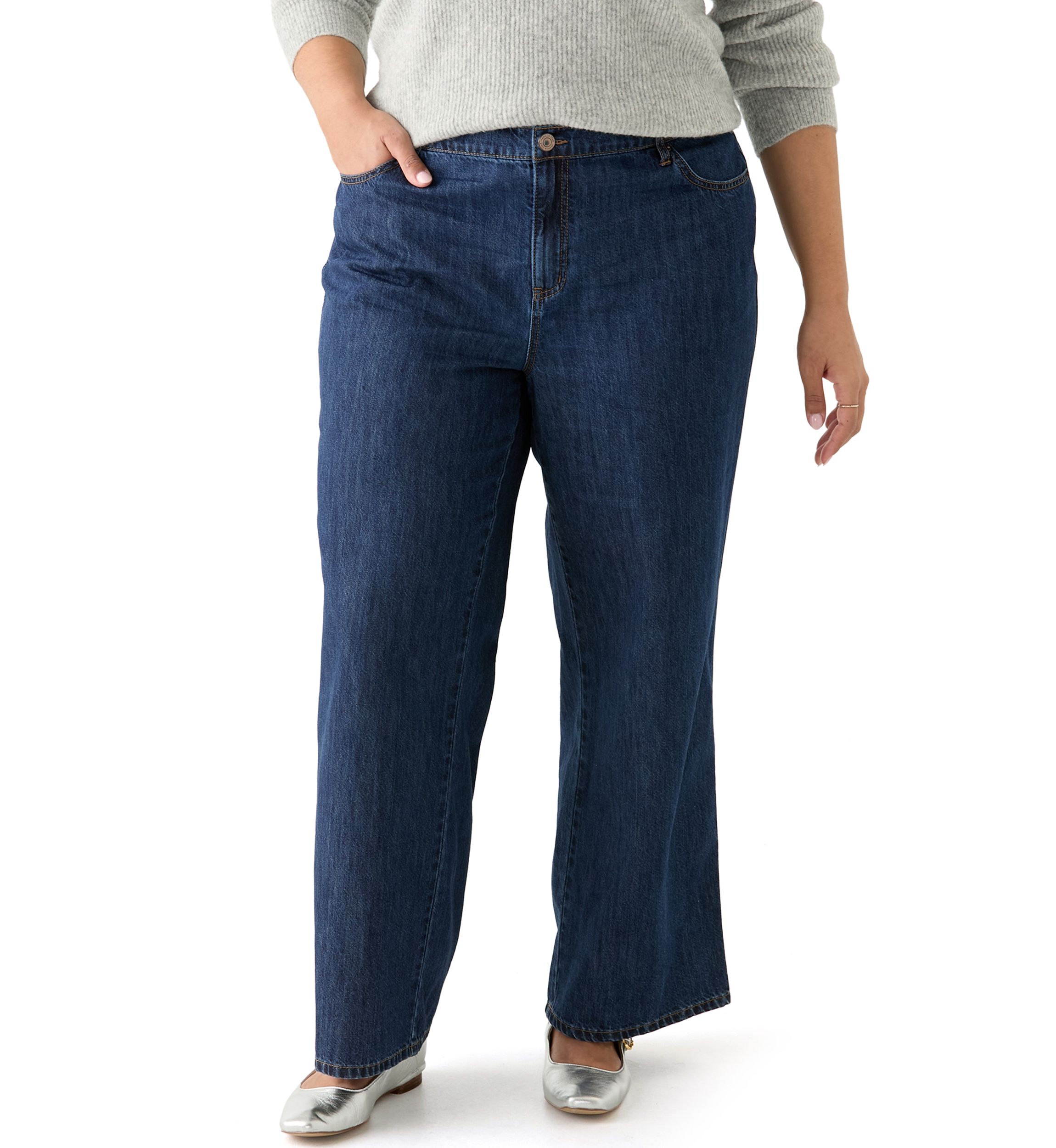 Plus Size Slouchy Elastic Back Wide Leg Jeans