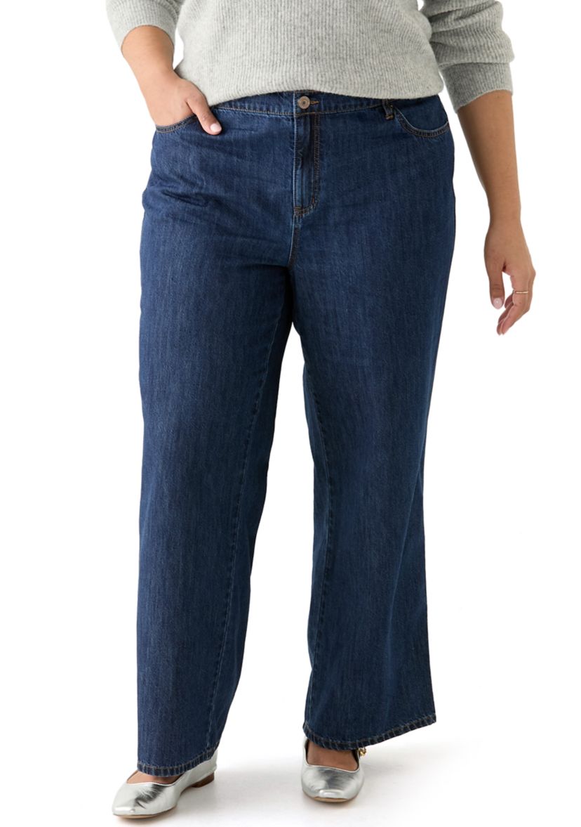 Plus Size Slouchy Elastic Back Wide Leg Jeans