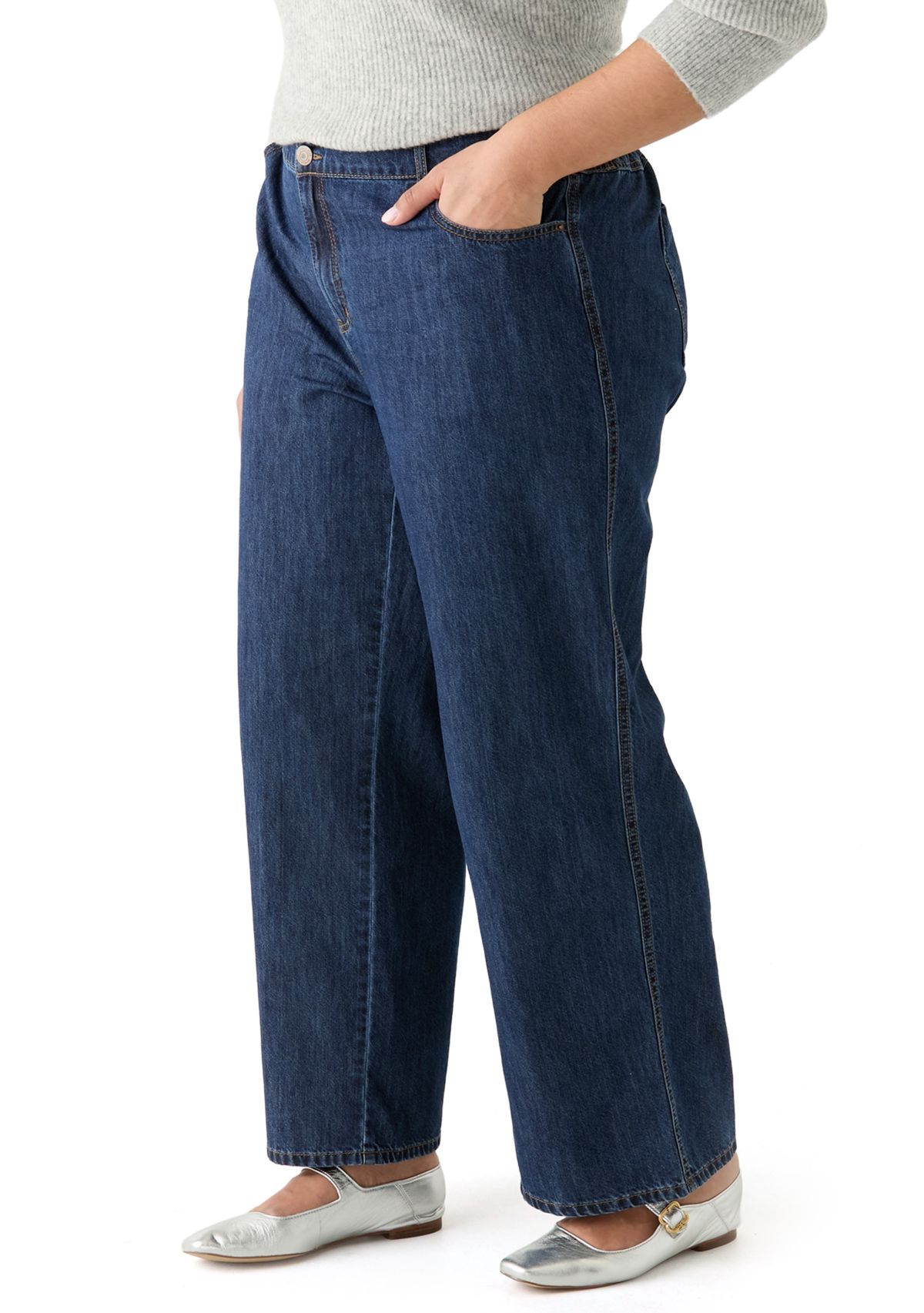 Plus Size Slouchy Elastic Back Wide Leg Jeans