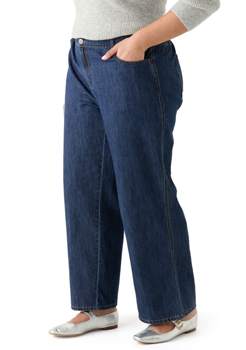 Plus Size Slouchy Elastic Back Wide Leg Jeans
