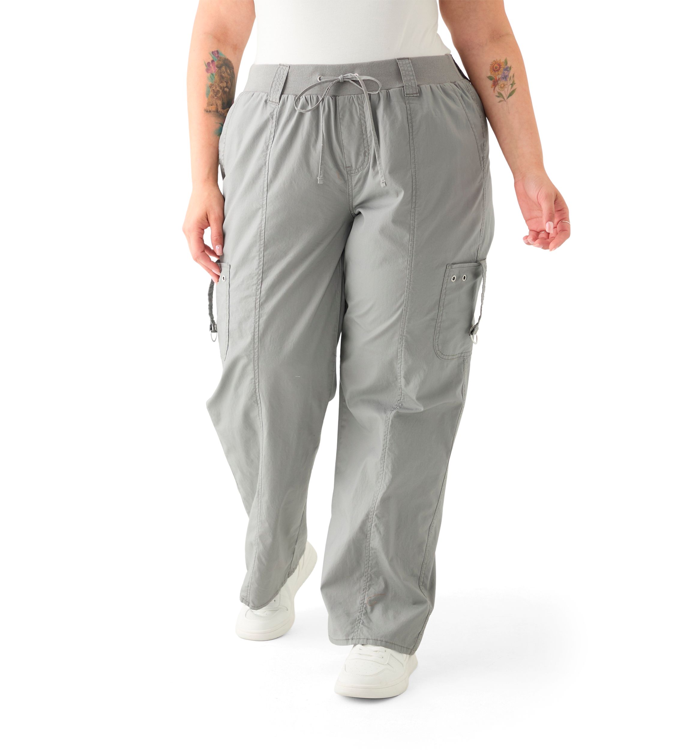 Plus Size Ribbed Waist Poplin Utility Pants
