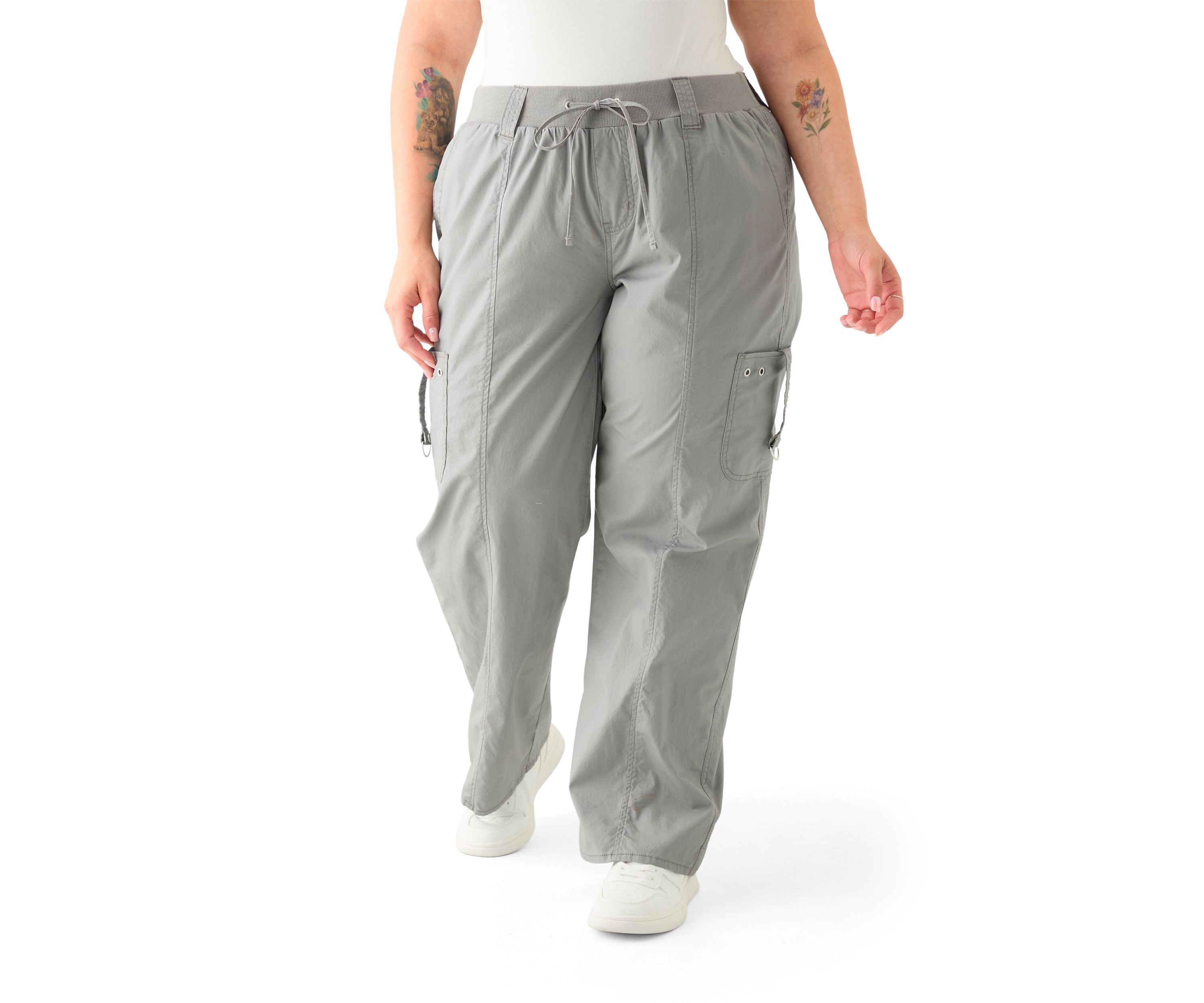 Plus Size Ribbed Waist Poplin Utility Pants