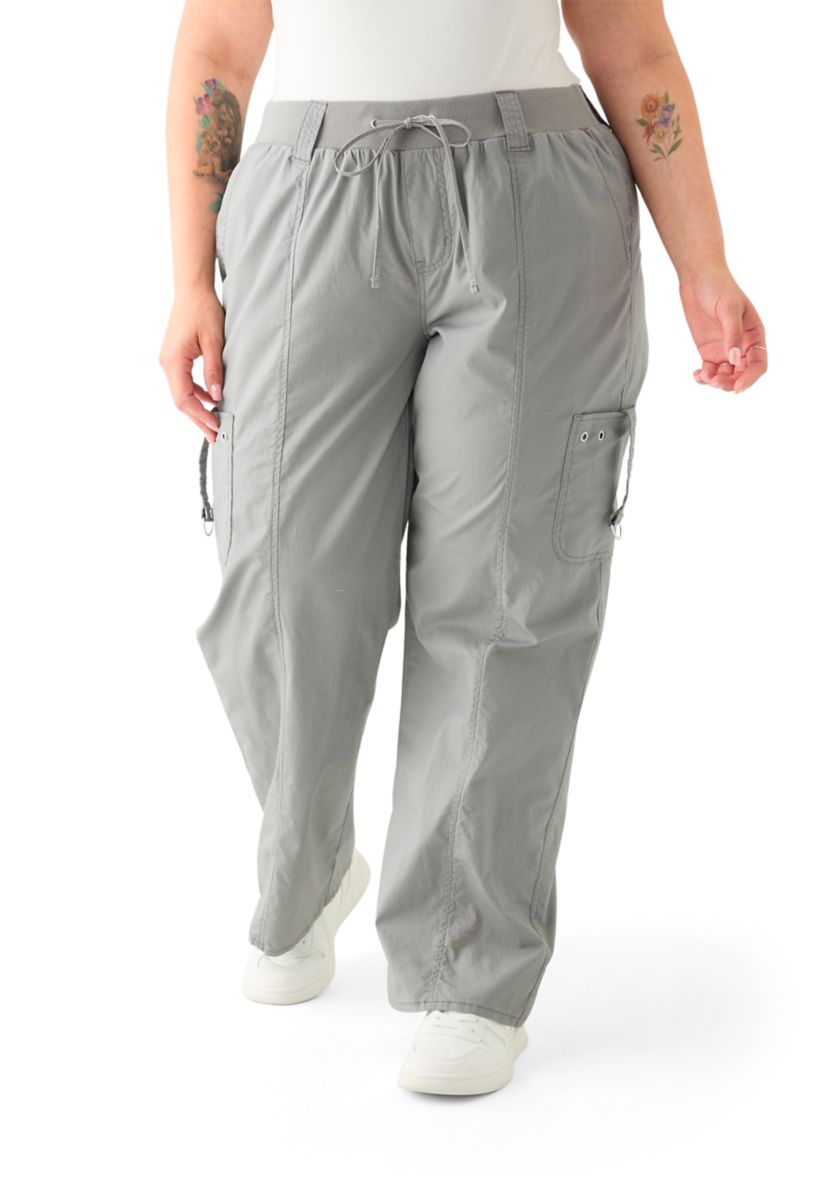 Plus Size Ribbed Waist Poplin Utility Pants