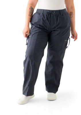Vanilla Star Women's Plus Size Ribbed Waist Poplin Utility Pants, Navy Blue, 0X