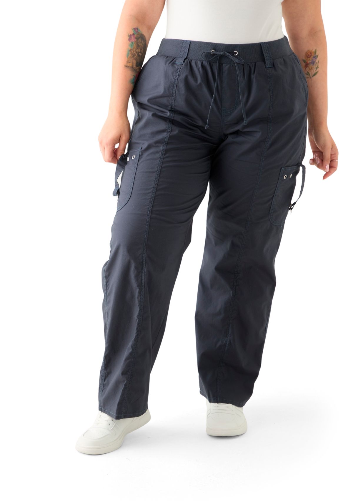 Plus Size Ribbed Waist Poplin Utility Pants