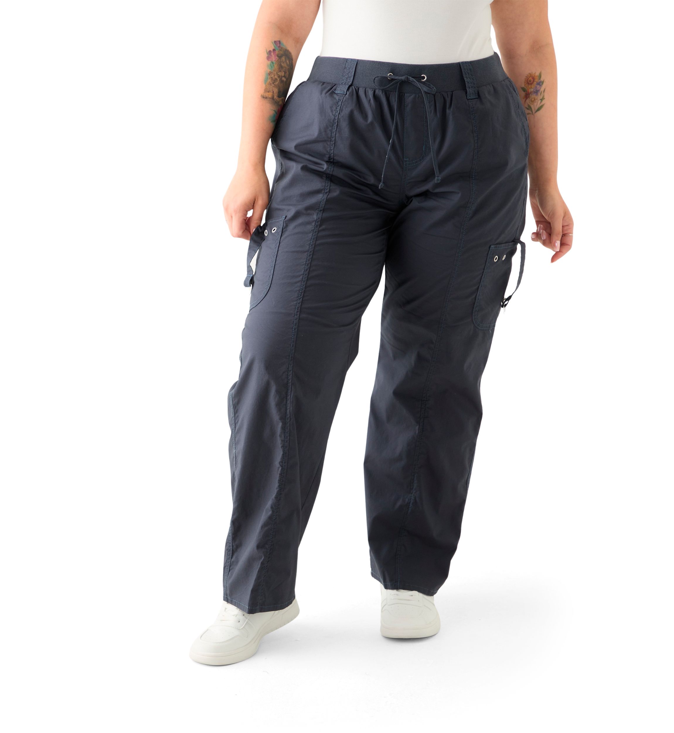 Plus Size Ribbed Waist Poplin Utility Pants