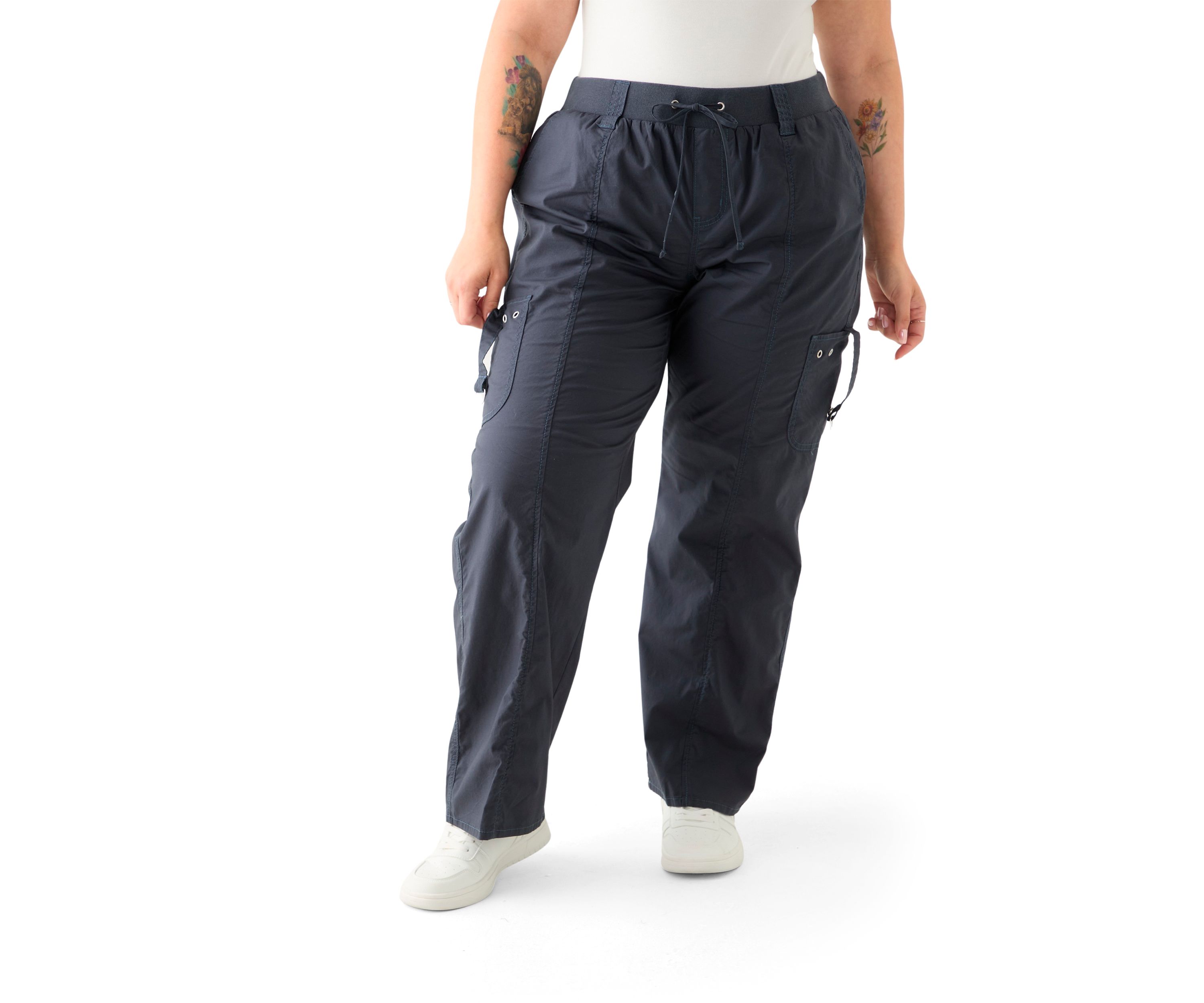 Plus Size Ribbed Waist Poplin Utility Pants