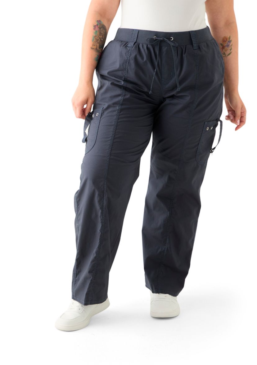 Plus Size Ribbed Waist Poplin Utility Pants