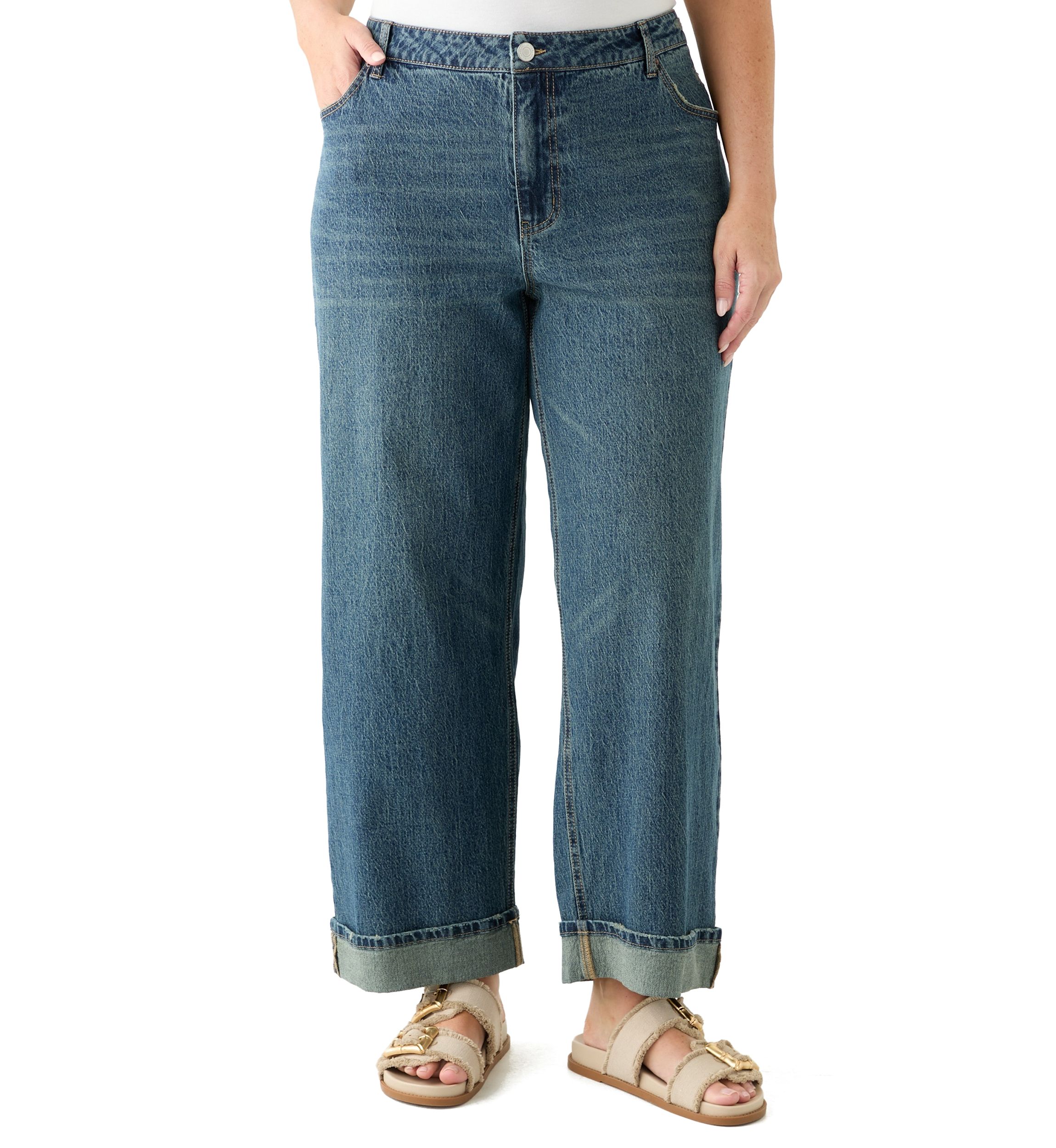 Plus Size Cuffed Wide Leg Jeans 