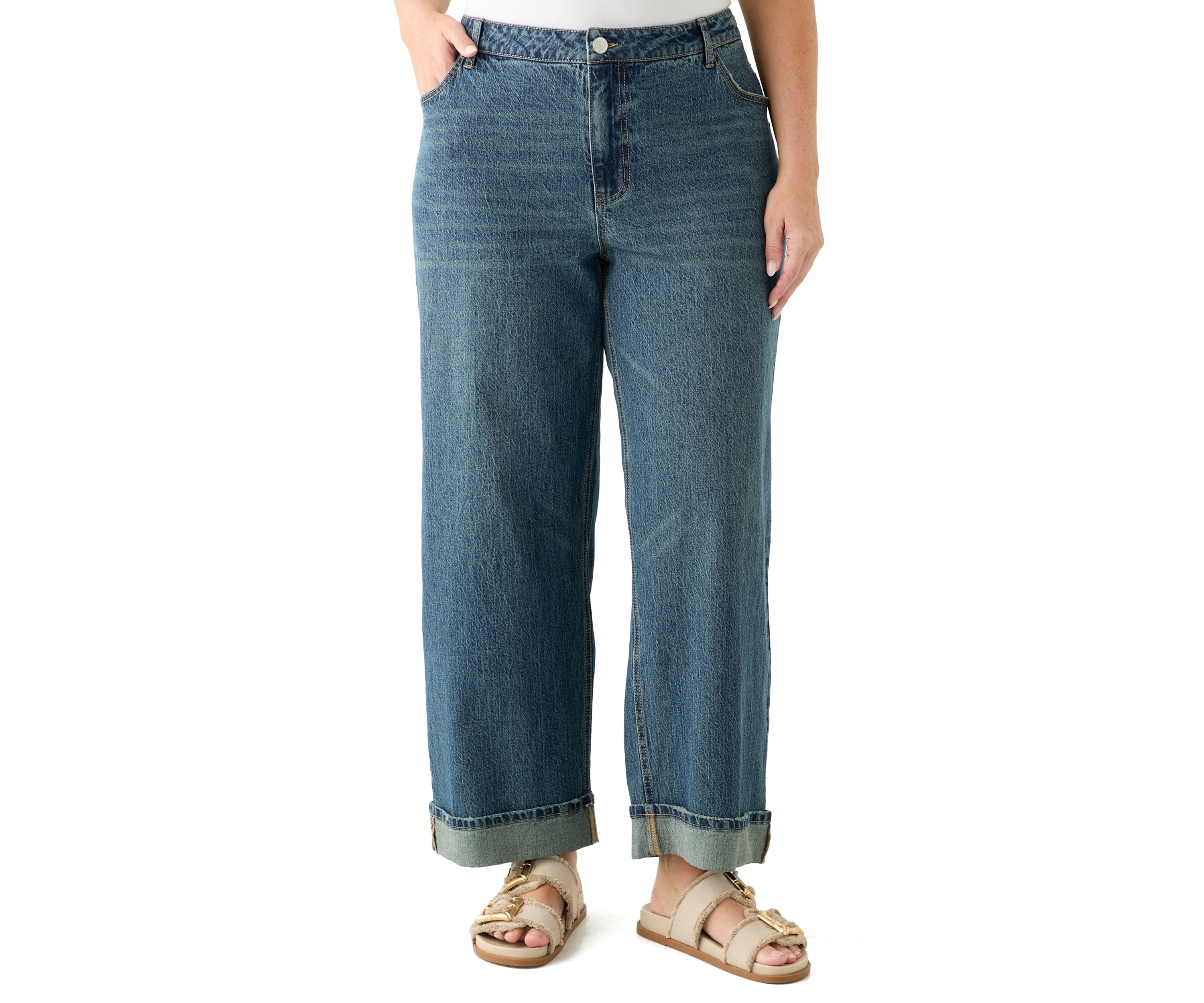 Plus Size Cuffed Wide Leg Jeans 