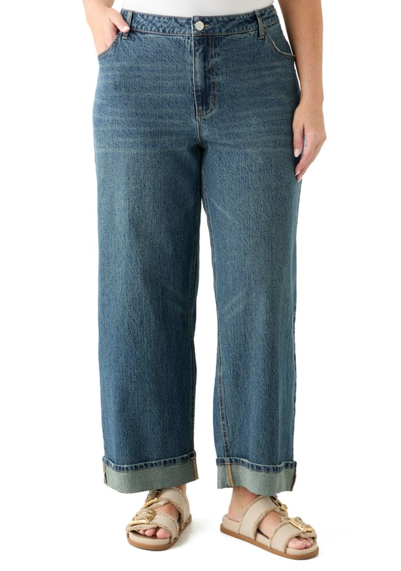 Plus Size Cuffed Wide Leg Jeans 